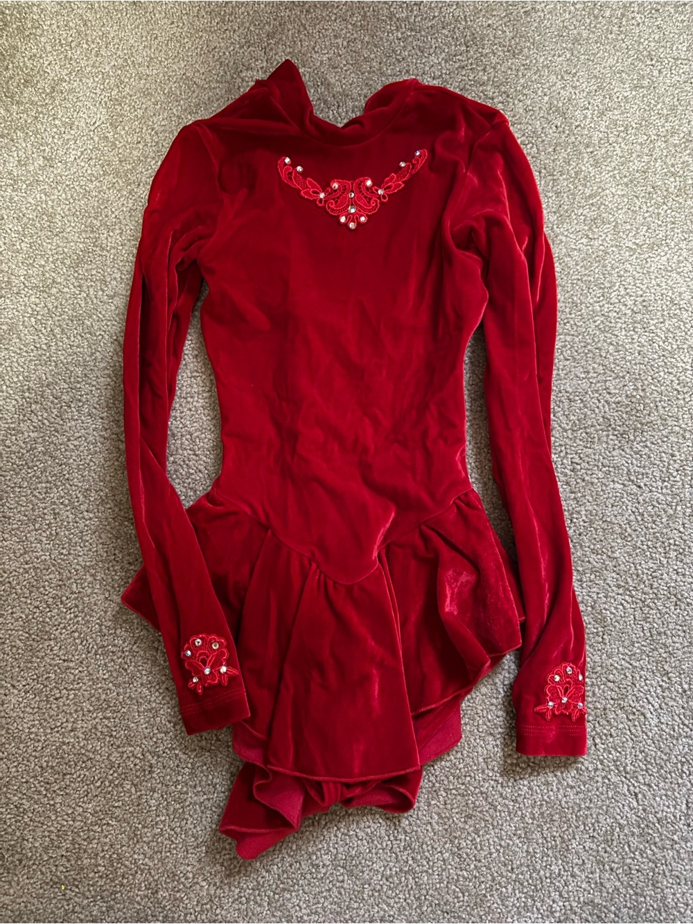 Kids Large Red Velvet Long Sleeve Ice Skating Dress with Embellished Neckline